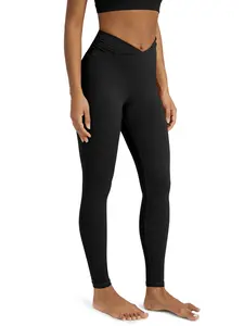 ODODOS Women's Cross Waist 7/8 Yoga Leggings with Inner Pocket, 25"/28" Gathered Crossover Workout Yoga Pants