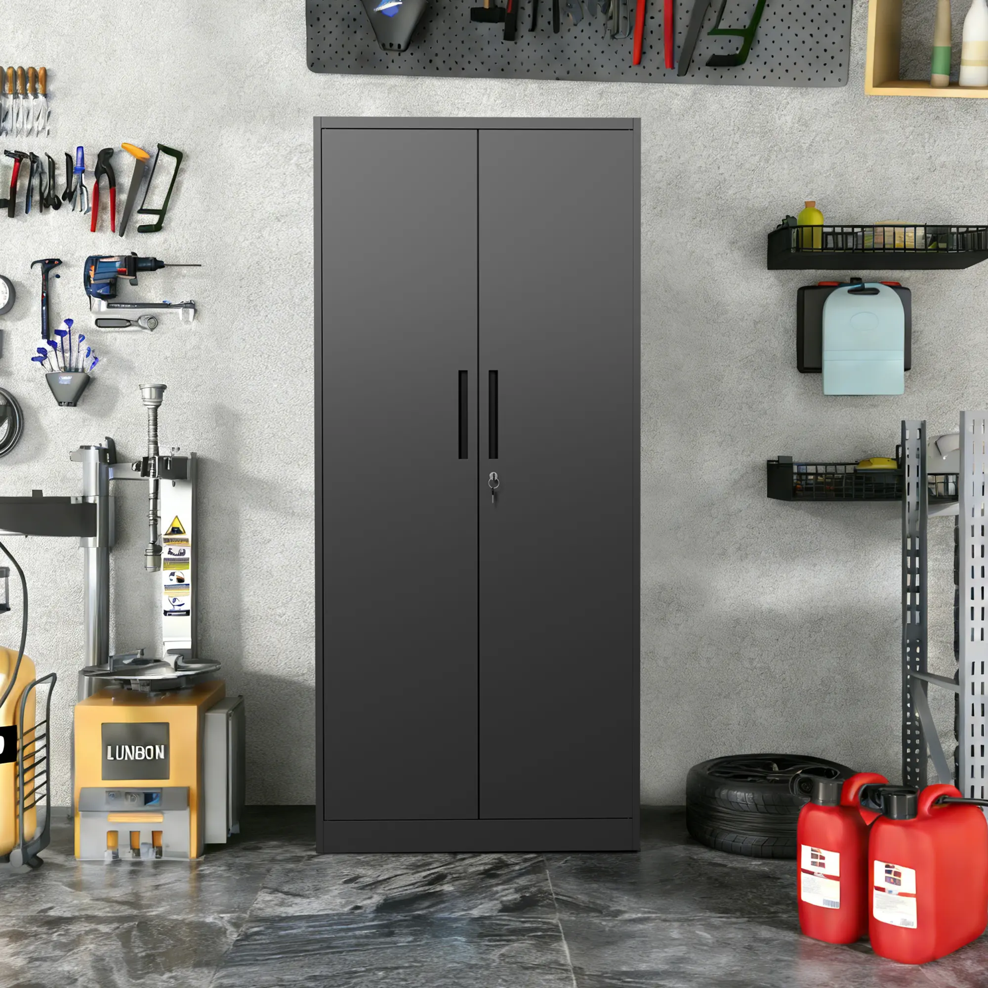 72" Tall Metal Storage Cabinet with Lock, Heavy Duty Steel Garage Cabinet with 4 Adjustable Shelves, 150 lbs Per Shelf, Lockable Tool Organizer for Office, Workshop and Pantry, Black