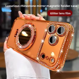 Unisex Glitter Mirror Magnetic Stand Case for IP17ProMax IP16 IP15 IP14 IP13Pro Luxurious Rhinestone Protective Cover with Glitter Lens Film