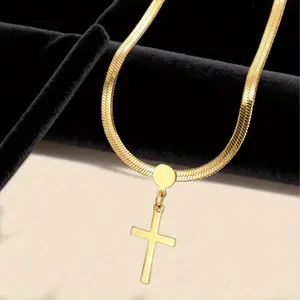 Gold-Tone Geometric Cross Pendant Necklace Set - European-American Light Luxury Stainless Steel Chain Fashionable Jewelry, Exquisite Gift for Friends, Anniversary Party Accessory,summerwins