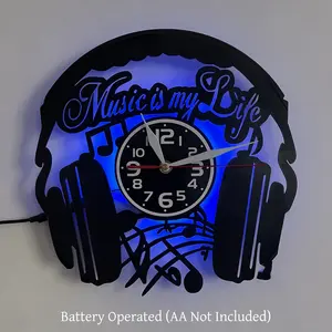 Vinyl Record Wall Clock, Music Headphones Design, 12 Inch 7 Colors Lamp, Silent Analog Clock, Aesthetic Gift for Music Lovers