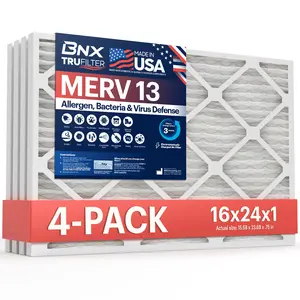 BNX TruFilter 16x24x1 Air Filter MERV 13 (4-Pack) - MADE IN USA - Electrostatic Pleated Air Conditioner HVAC AC Furnace Filters for Allergies, Pollen, Mold, Bacteria, Smoke, Allergen, MPR 1900 FPR 10