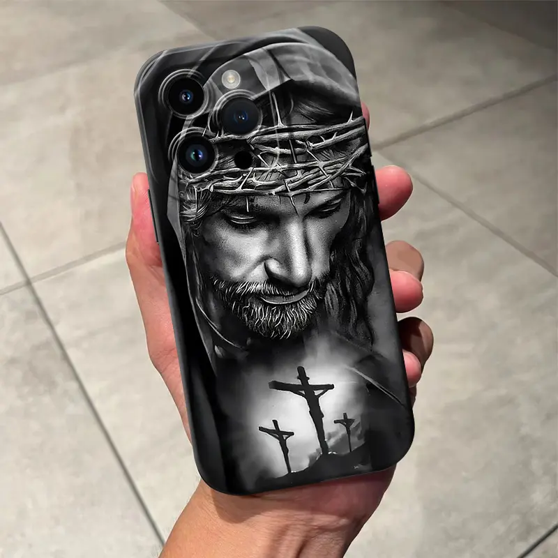 Jesus Cross Pattern Soft Silicone Phone Case - Shockproof Full Protection Casing, Mobile Phone Accessories For iPhone 17,16,16E,15 Pro Max,14,13,12,11,X,Plus,Air,Mini (Black), Smartphone, Handheld