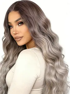 Grey wig 13*4 front lace Center-parted long wavy hair design Gray-black gradient color Adjustable elastic net cap Wear it comfortably and naturally Suitable for daily wear / party gatherings / as a gift for ladies / -30 inches