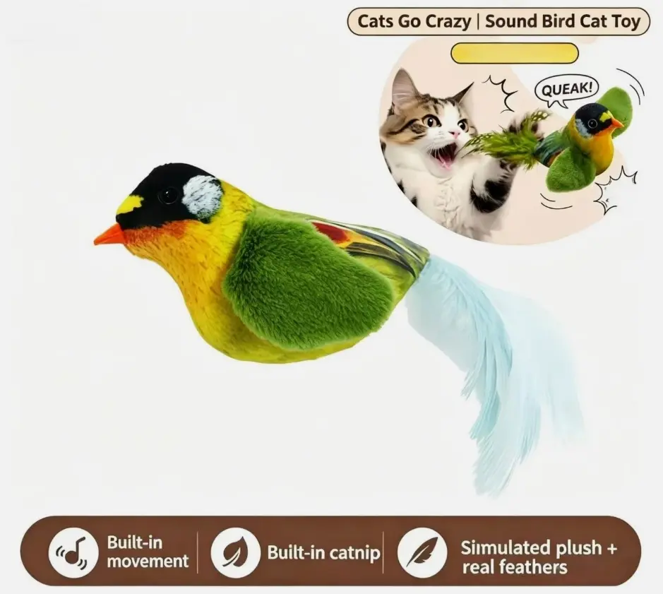 Bird Shape USB Rechargeable Interactive Cat Toy - Automatic Fluttering Movement, Chirping Realistic Sounds, Built-In Motion, Indoor Use, Keeps Kitten Entertained Daily