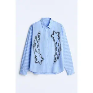 Oversized Pin Stripe Star Button Up Shirt - Light Blue