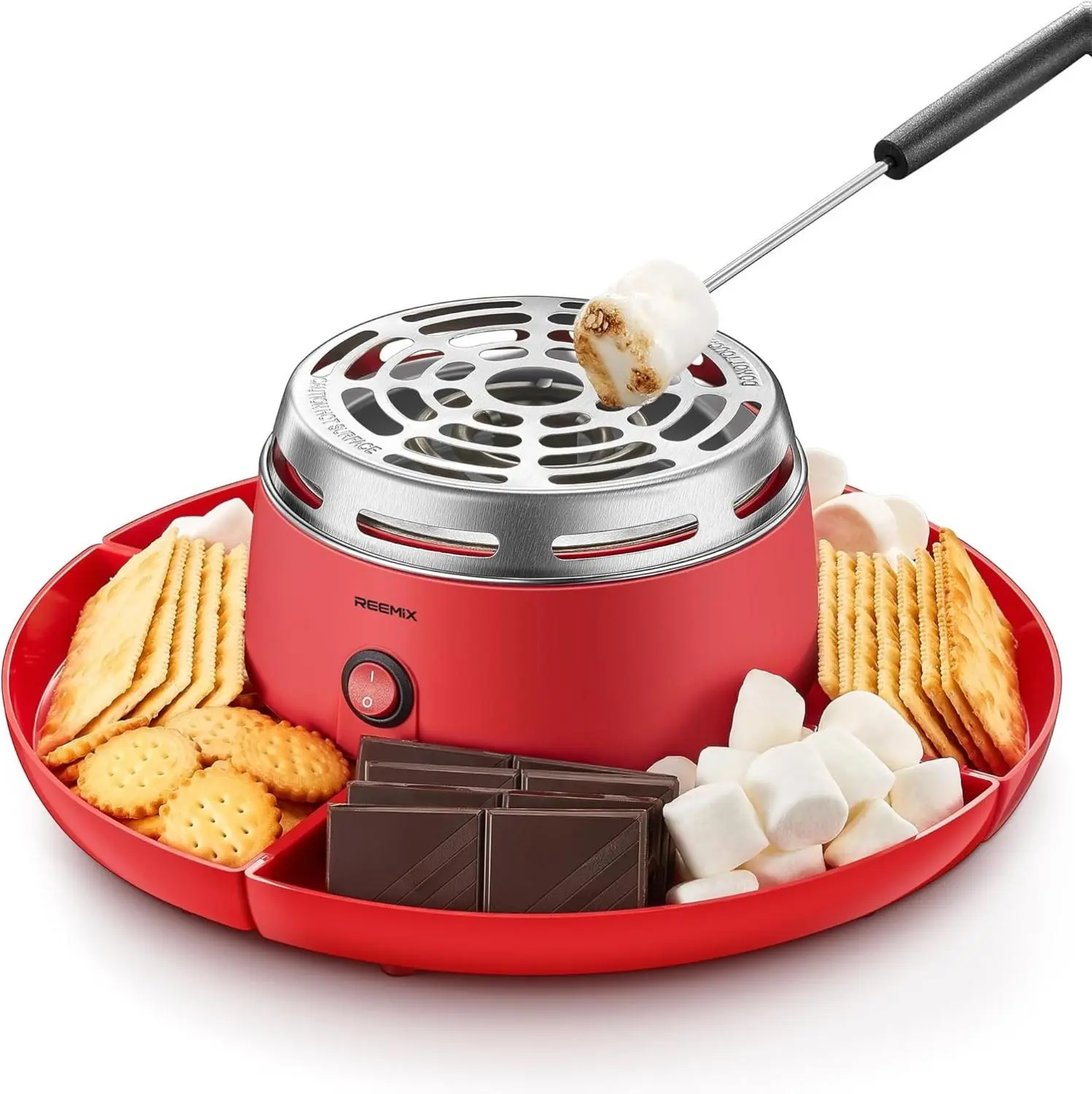Reemix Indoor Flameless Electric S'mores Maker - Tabletop Marshmallow Roaster with 4 Detachable Trays, 6 Roasting Forks, Red Gift Set for Movie Night, Thanksgiving, Weddings, Watch Parties