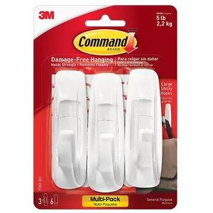 Command Utility Hook, 7/8 in Opening, 5 lb, 3-Hook, Plastic, White (17003-VP-3PK)
