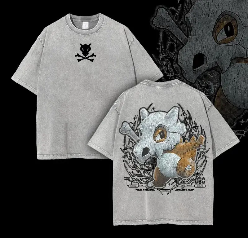 Men's Pocket Monsters "Cubone" Round Neck Short-Sleeve Oversized Vintage Ribbed Seamless Acid Washed Heavyweight Cotton T-Shirt, Menswear Top for Anime Manga Fans, Tshirt, Shortsleeve, Clothes, Stylish, Classic