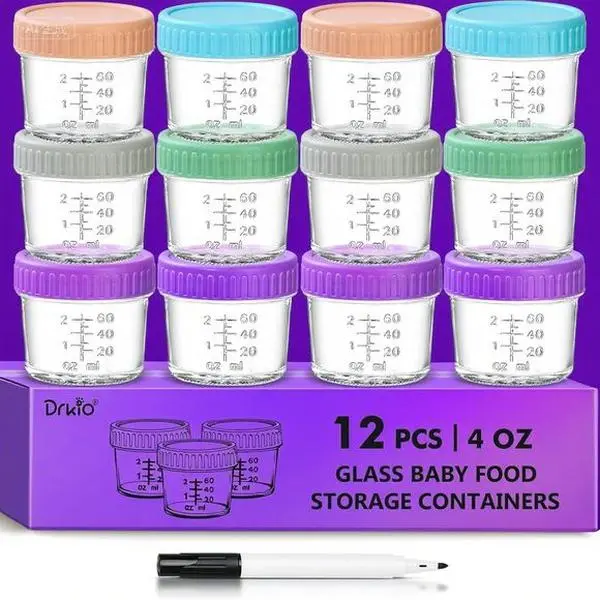 12-Pack Glass Baby Food Storage Canister Set - 4 Oz Airtight Reusable Kitchen Jars with Lids, Microwave & Dishwasher Safe, Freezer-Friendly, 100% Leakproof BPA-Free for Homemade Puree