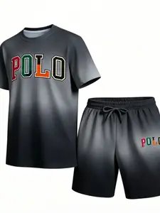 American Gradient Sports Set, Trendy Letter Print Short Sleeve Shorts Two-Piece Set, Casual Cartoon Pattern Polo Shirt