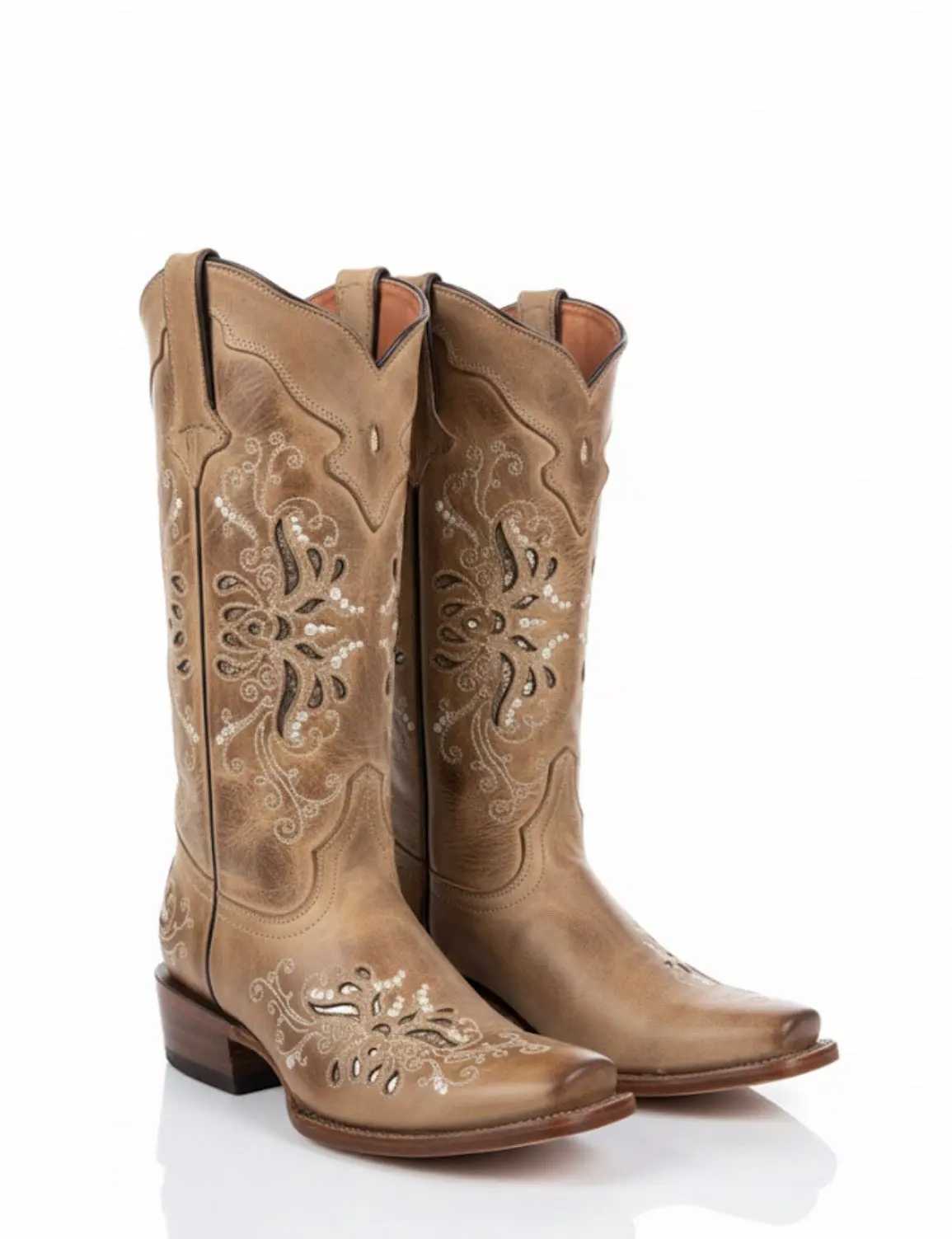 Women's Cowboy Boots with Elegant Butterfly Inlay, Pointed Toe Shoe in Mesquite Sand, Western Style Footwear