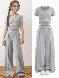 Kids Ruched Crop Top & Wide Leg Pants Set, Button Detail Drawstring Waist, Cute Summer for Girls, Trendy Kids Clothing, Fashion Clothes Set