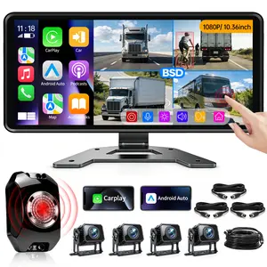 ConewVehicle RV Backup Camera System with Carplay Android Auto,10.36" Quad Split Touch Screen Monitor with MirrorLink Voice Control Navigation ,1080P 4 AHD Rear View Camera,DVR Loop Recording,Night Vision Waterproof for Truck Trailer Camper Semi-Truck fat