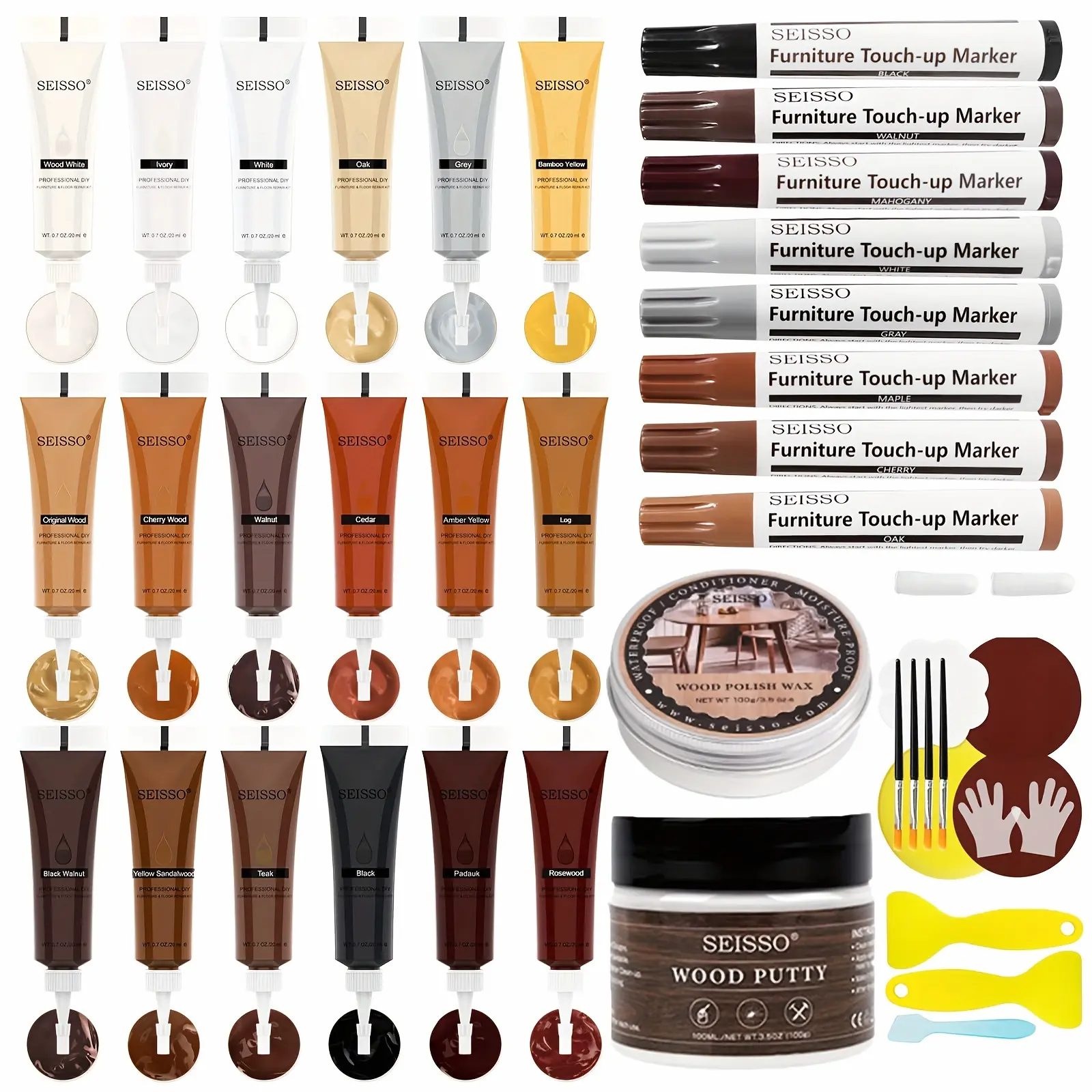 SEISSO Furniture Repair Kit, 40 Sets-18 Colors Filler Putty And 8 Furniture Markers, Vinyl Floor Repair Kit for Scratches Holes, Hardwood Floor Door, Cabinet Table, Bedposts