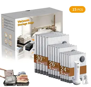[2026 Upgraded] X7 Cordless Travel Vacuum Storage Compression Bag Set with Rechargeable air Pump 15 Pack Waterproof &Reusable Compression Packing Bags for 3Size, 140L/Min Powerful Air Removal,Perfect for Carry-On Suitcases