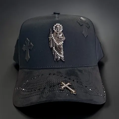 Unisex Saint Jude Urban Snapback Cap - Black Premium Adjustable Snap Hat with Embroidered Cross Accents, Rosary Motif, Suede Visor, Graphic Cross Hats, Stylish Faith-Inspired Casual Streetwear Accessory (Saint Jude Icon Keeps Faith Close)