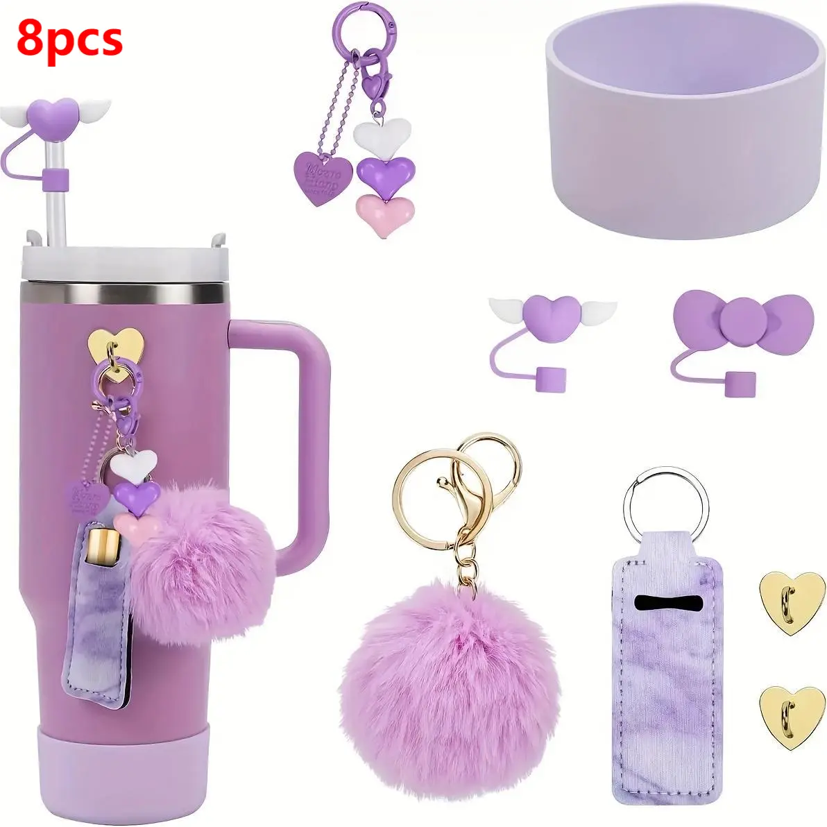 8pcs Set Of Heart-shaped Bow Straw Cap, Soft Rubber Cup Cover, Colorful Ball Pendant Decoration Suitable for Handle, Protective Cover, Straw Cover, Lipstick Holder, And Charm Of 30 Ounce/40 Ounce Sports Cups