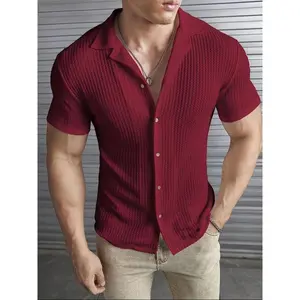 [Stretch fit shirt] lightweight breathable Men's stretch fit casual button-up shirt-short sleeve, black, ribbed polyester blend, versatile menswear | modern casual shirt | spandex comfort for spring/summer