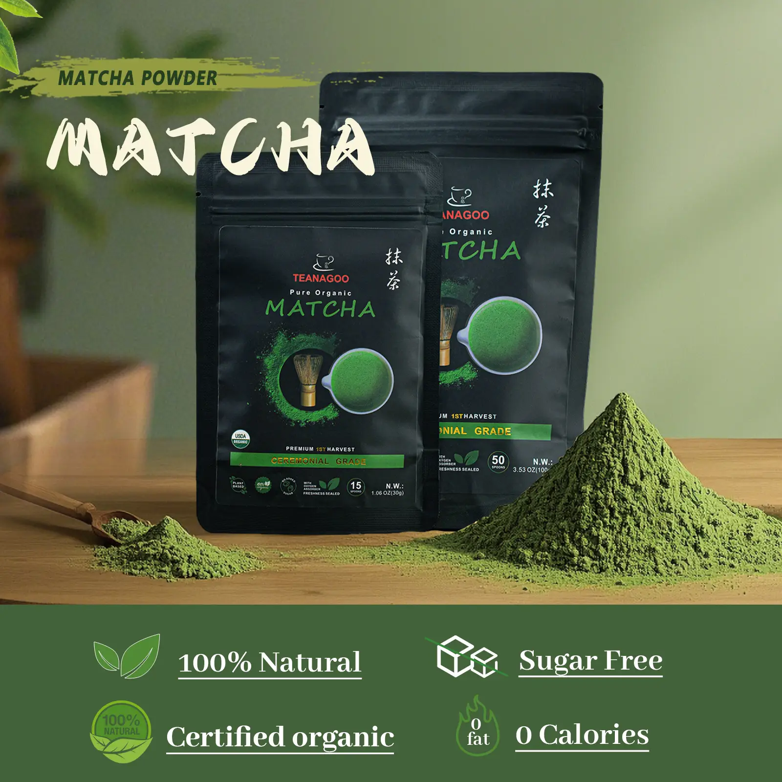 TEANAGOO Ceremonial Grade Matcha Powder – USDA Organic Japanese Green Tea – First Harvest, Unsweetened, No Additives – Perfect for Latte, Smoothie, Ba