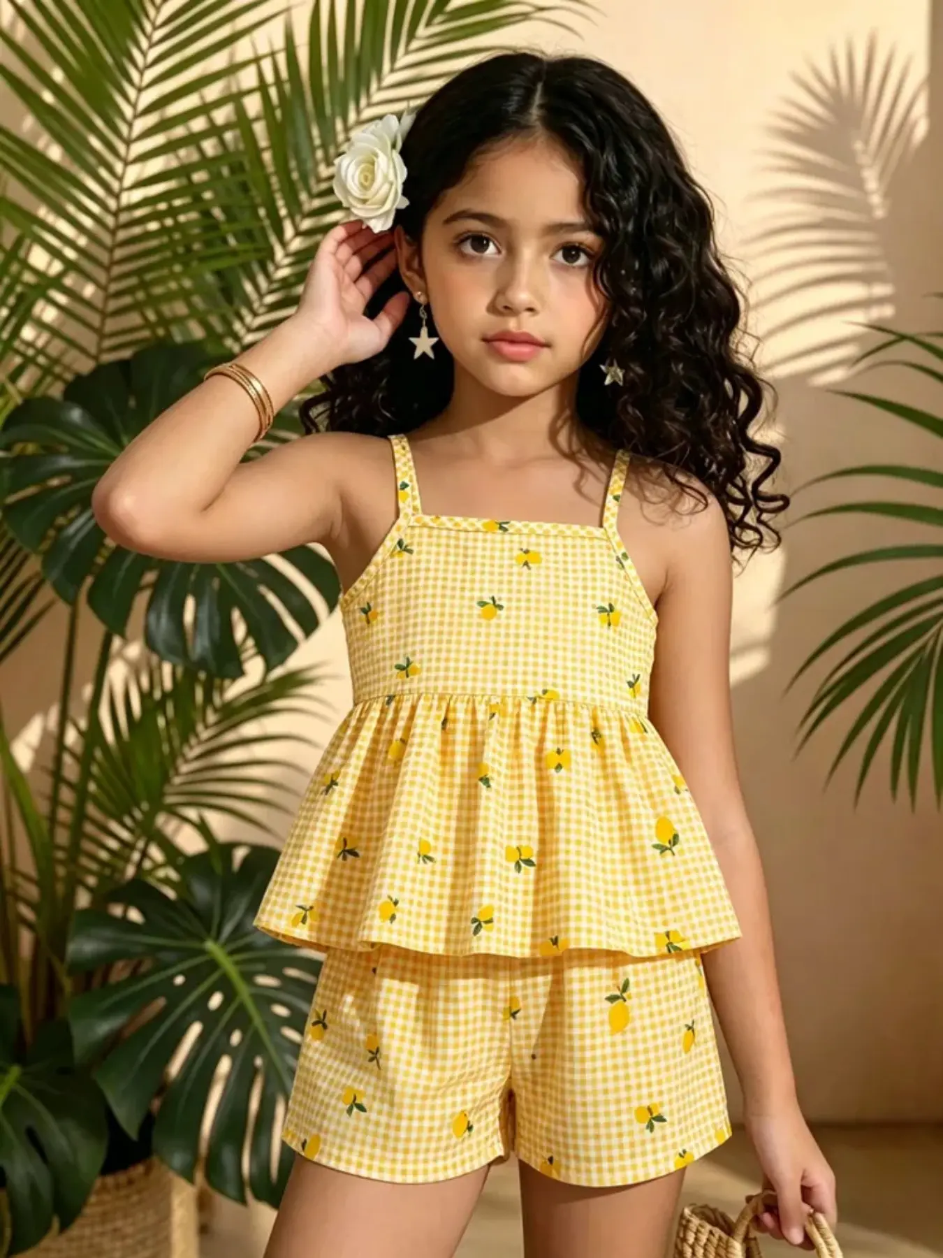Girls' Fashion Casual Streetwear Comfortable Summer Fresh Lemon Plaid Tank Short Pants Set Outfit, Stylish Kids Clothing, Clothes Sets
