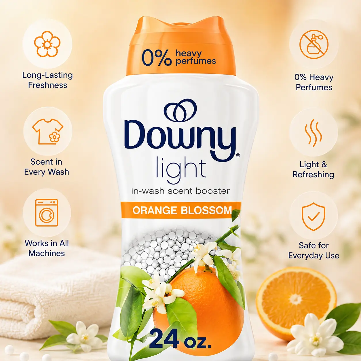 Downy Light Laundry Scent Booster Beads, Orange Blossom Scent, 24.0 OZ, In-wash fabric beads designed to be gentle with a light boost of scent, No Heavy Perfumes