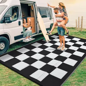 8*10ft(240*305cm) Modern Checkered Outdoor Rug - Waterproof Plastic Straw Mat, UV & Mark Resistant, Lightweight and Collapsible Patio Carpet for RV, Porch, Deck, Balcony, Beach - Reversible Design, Durable Outdoor Decor Color: Black Brown or Black White