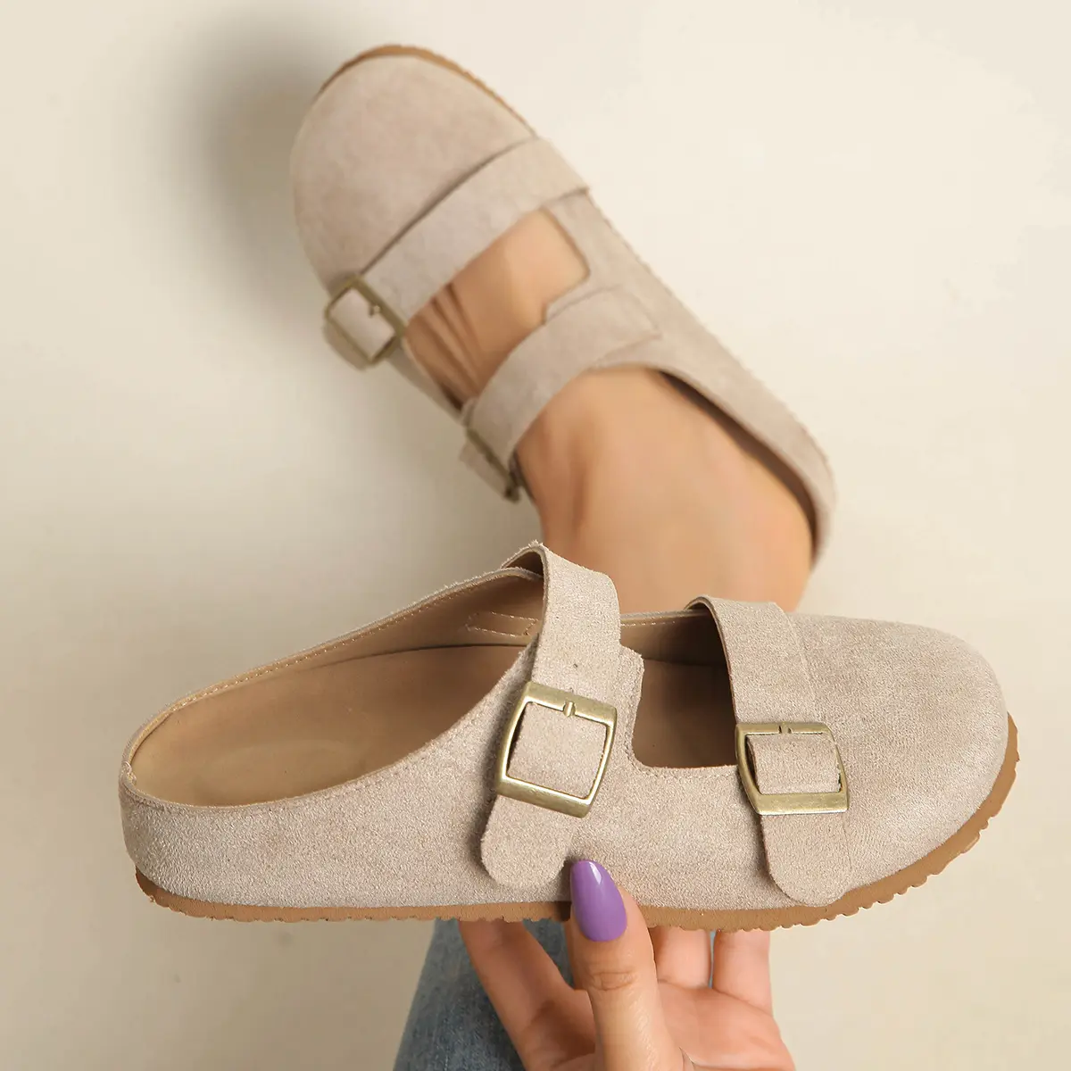 Women’s Double-Buckle Round-Toe Slip-On Clog Mules - Casual Retro Walking Shoes, Stylish Flat Everyday Footwear