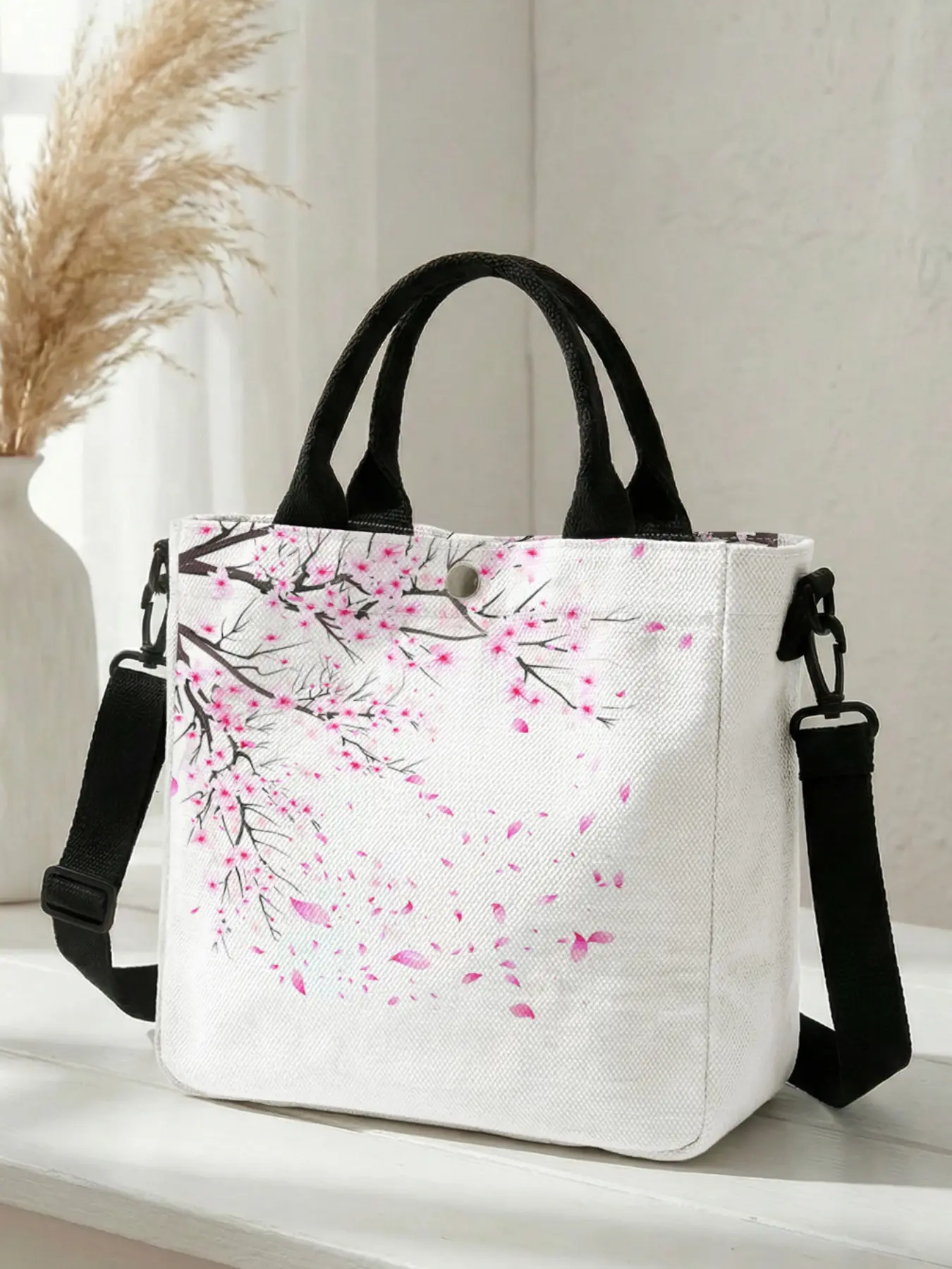 pink cherry blossom pattern 2D printed crossbody bag, Casual shoulder bag, Fashionable bags, adjustable shoulder strap + snap closure, Students/Shopping and going out, street style essential, Fashionable Patterned Bag