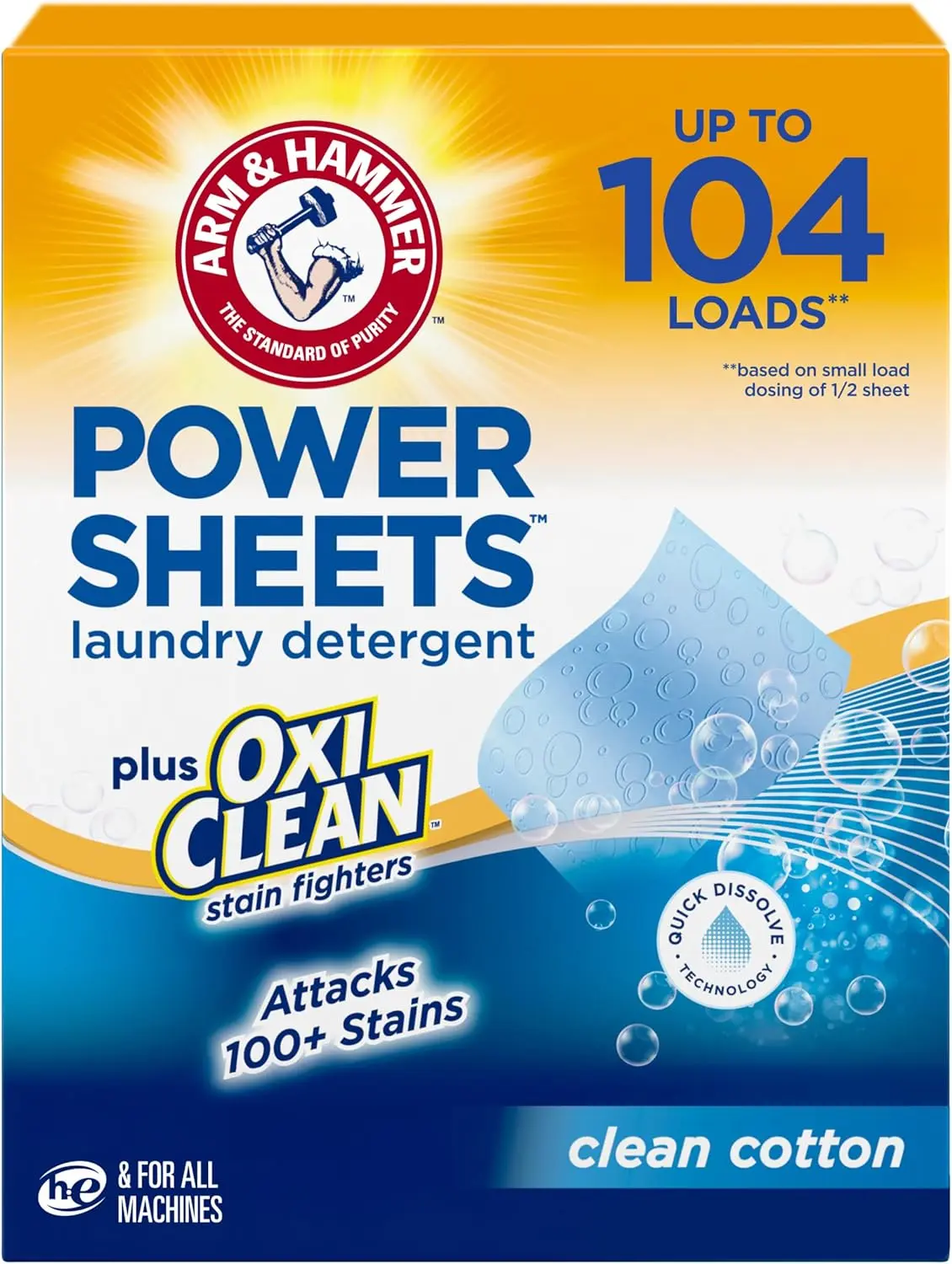 ARM & HAMMER Plus OxiClean Laundry Detergent Power Sheets, Clean Cotton, 52 Count