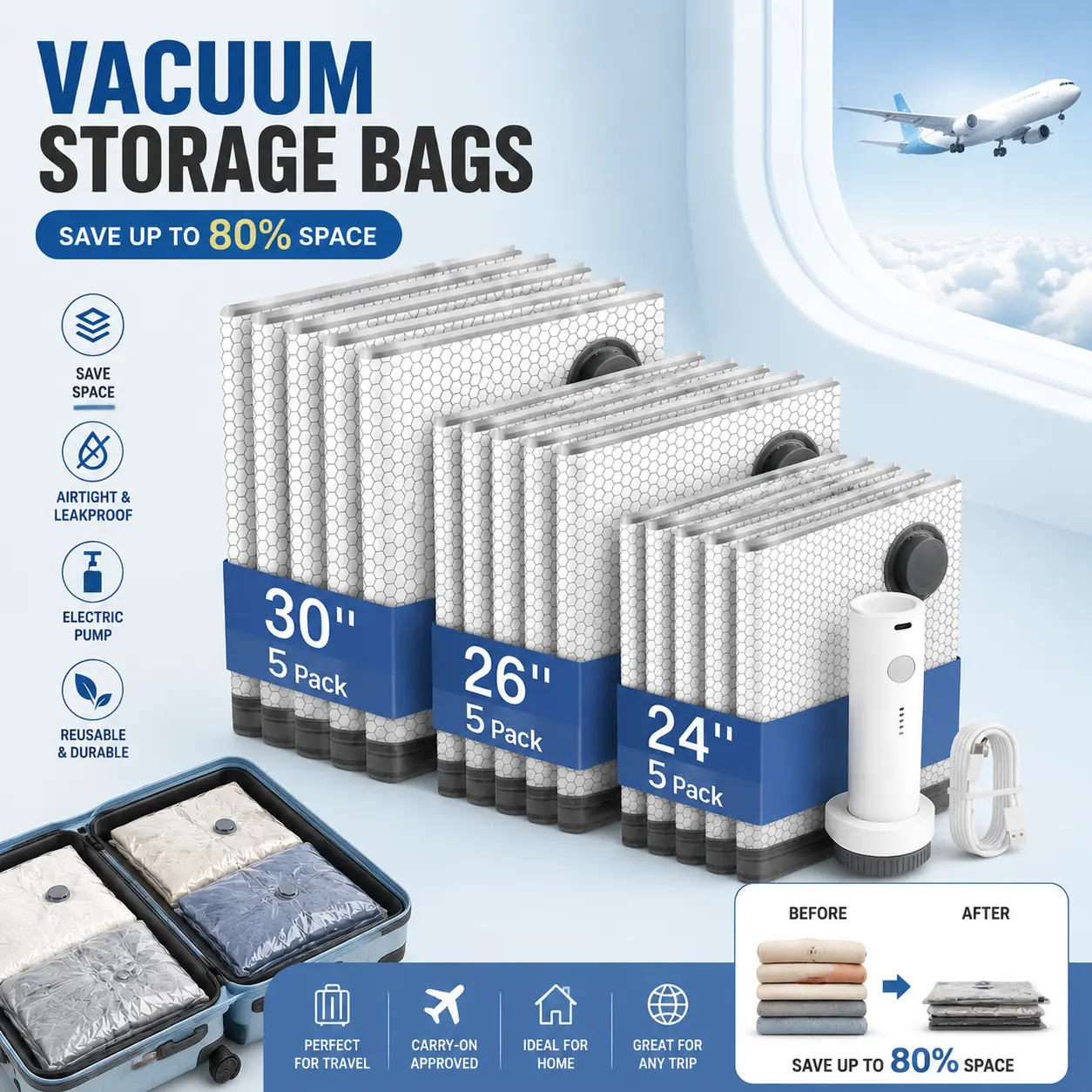 [2026 Upgraded] Cordless Travel Vacuum Bag Set Vacuum Bags for Travel with Rechargeable air Pump, 15 Pack Carry-on Size Compression Packing Bags for Luggage and Suitcase