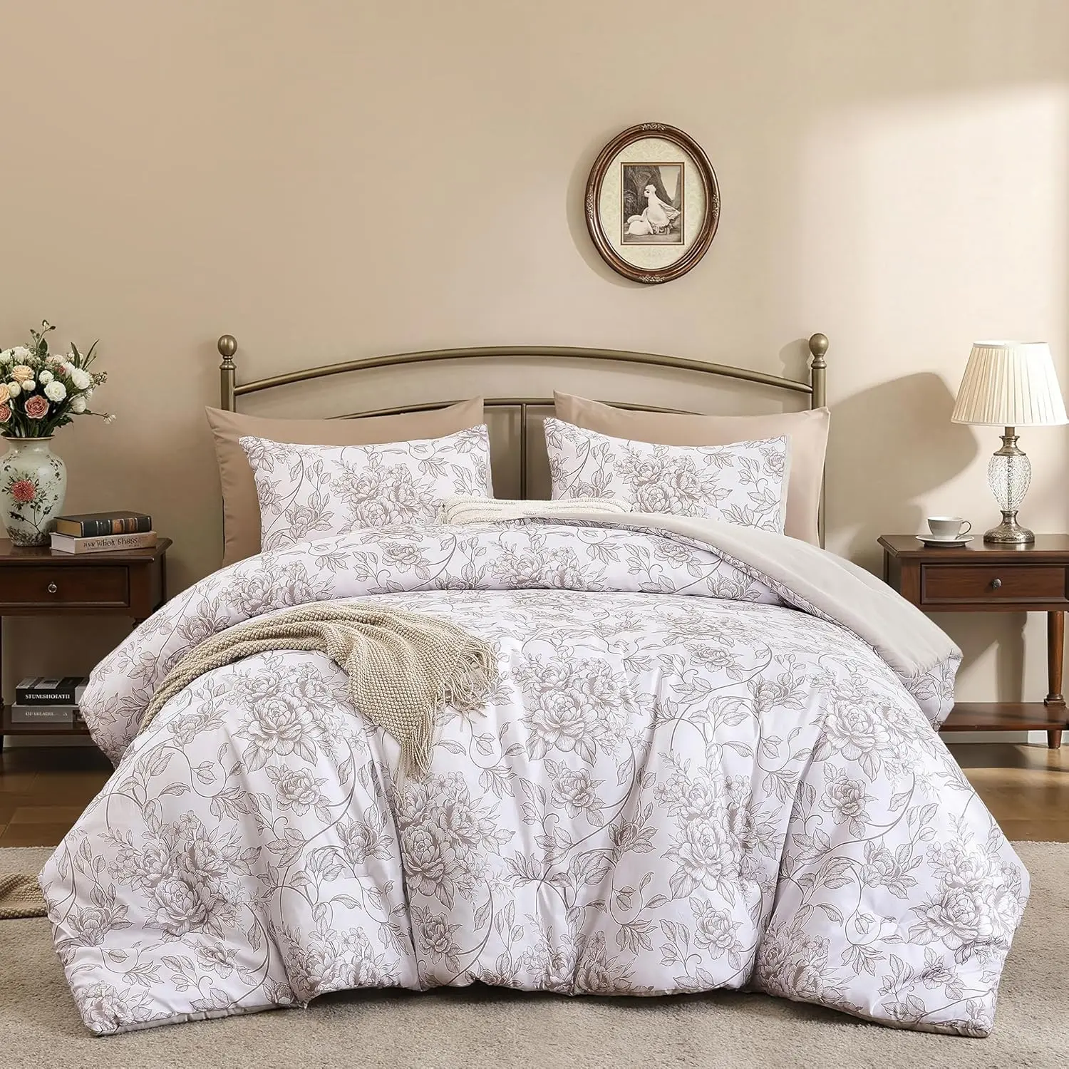 Twin Size Oatmeal Synthetic Comforter Set, 2-Piece Bedroom Decor with Digital Print Floral Peonies, Soft Lightweight Warm Breathable 66"x90" Comforter & 20"x26" Pillow Sham