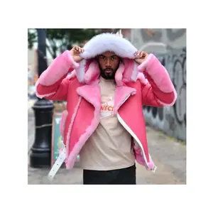 UOSO Men'S Pink Faux Fur Collar Hooded Jacket - Thickened Fleece-Lined Winter Coat with Belt Buckle Closure, Built-In Zipper & Single-Breasted Front, Warm Insulated Outerwear for Cold Weather, Casual & Formal Occasions, Durable Shell