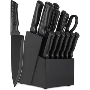 Knife Set, 15 Pcs Kitchen Knife Set with Block Self Sharpening, Dishwasher Safe, 6 Steak Knives, Anti-slip handle, Black