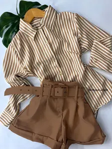 New Women's Casual Fashion Long Sleeve Shirt Striped Two-Piece Set Shorts, Stylish Ladies', Comfortable and Trendy, Perfect for Daily Wear