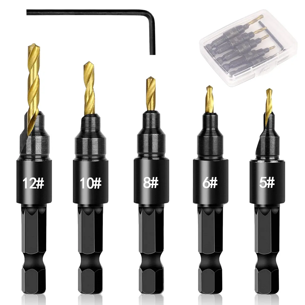 Fathersdaygift Countersink Drill Bit Set, 5 PCS Counter Sink Drill Bit Adjustable, #5, #6, #8, #10, #12, Used for Wood Countersink Drill Bit with Depth Stop Fathers Day Gifts