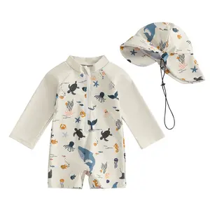 Babamoon Toddler Baby Boys Marine Animal Print Swimsuit Long Sleeve Zipper Beach Romper Rash Guard Bath Jumpsuit with Sun Protection Swimwear Hat 0-3 Years