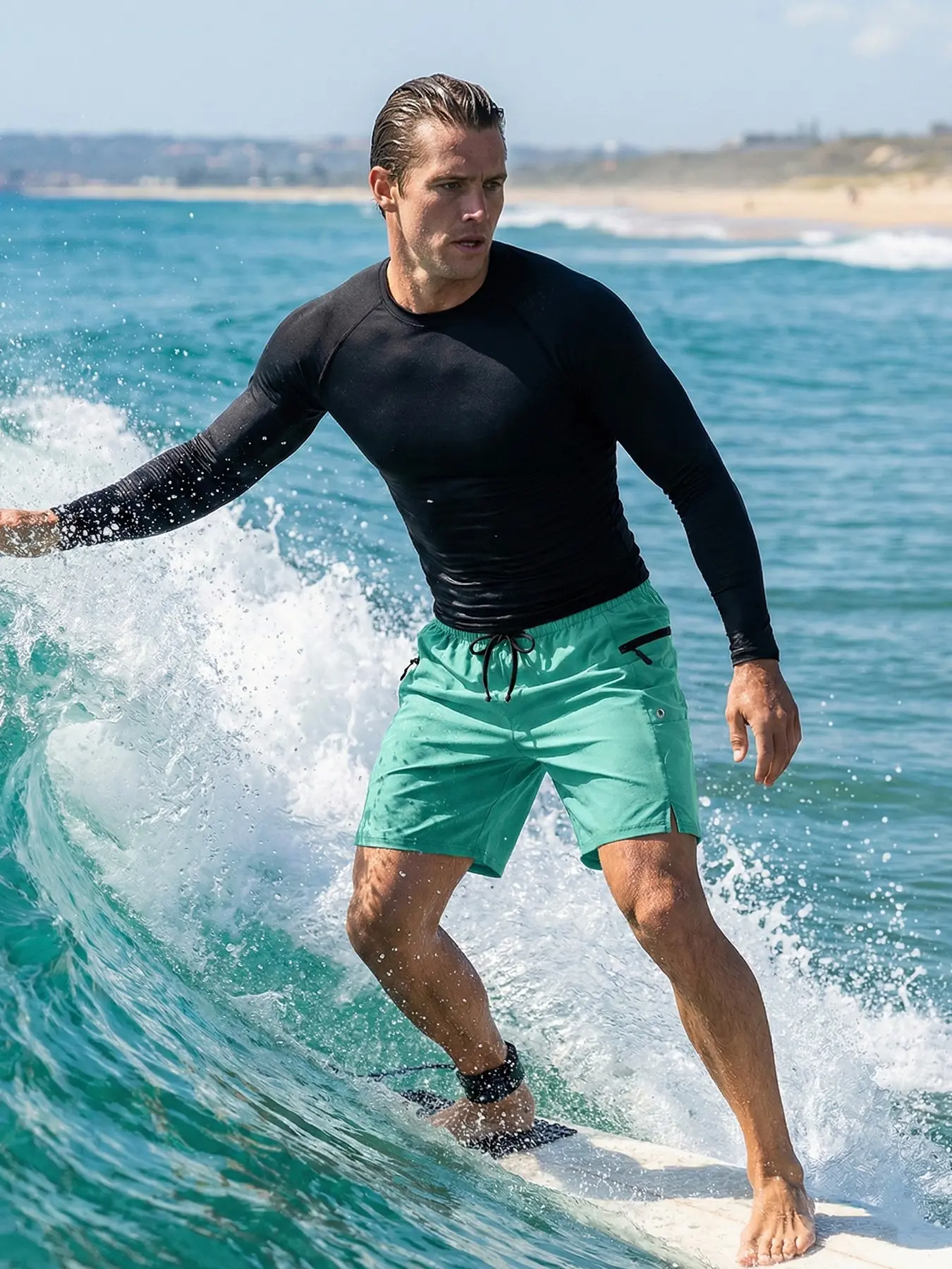 Men's Casual Sporty Surfing Suit, 2 Piece Beach Clothing Set, Round Neck Long Sleeve Rash Guard Quick-Dry Breathable Tight Fit Tee T-Shirt + Beach Shorts Board Shorts with Zipper Side Pockets and Mesh Lining, Sportswear Set, Breathable Sporty Outfits
