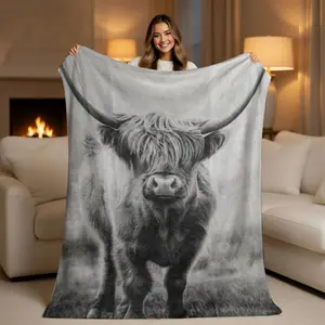 Rustic Highland Cow Throw Blanket - Black and White Farmhouse Animal Art, Ultra Soft Plush Fleece Blanket for Couch, Bed, Modern Country Home Decor, Unique Cow Lover Gift, Highland Cow Blanket, Cow Print Blankets