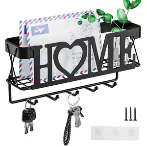 Key Holder for Wall - Key Rack with 5 Key Hooks, 11.02" L×2.75" W×4.92" H, Key and Mail Organizer Wall Mount with Mesh Basket, Key Hanger for Wall Decor Decoration