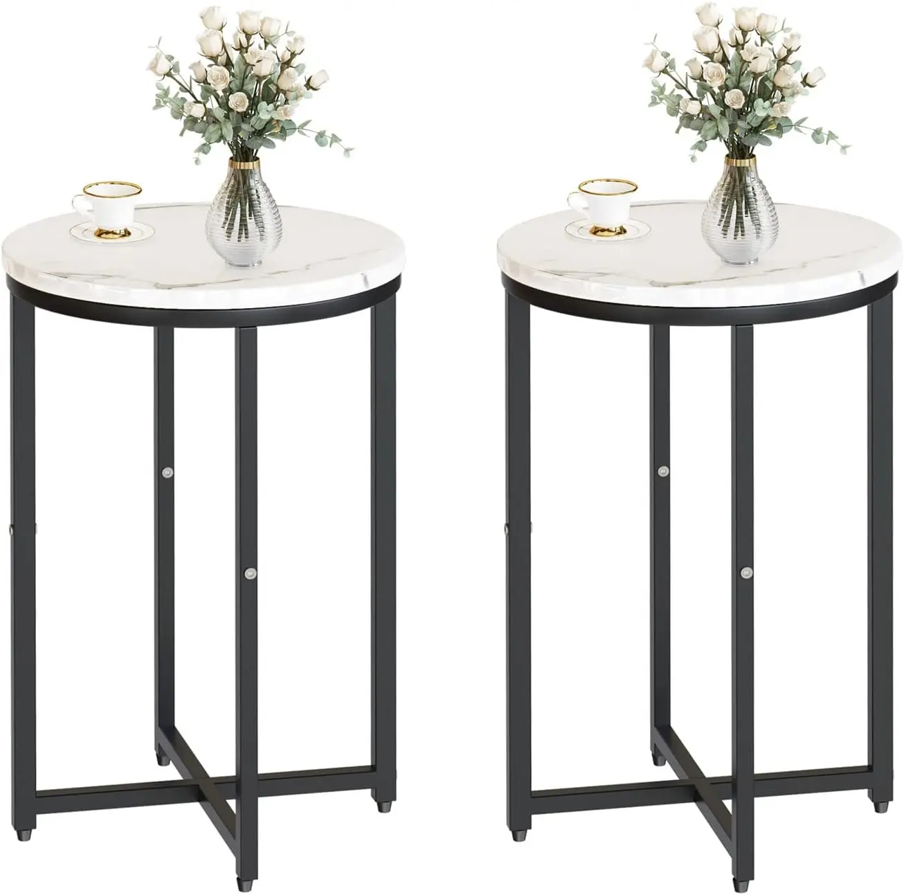 Hooseng 2-Piece Faux Marble White Round Top Side Tables - X-Cross Metal, Strong, Quick Set-Up, Smallspace Fit, Kid-Safe Corners, Stylish Modern Nightstand for Living Room, Bedroom