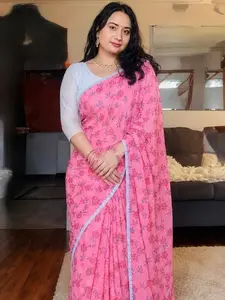 Women's Pure Nepali Dhaka Cotton Fabric Saree with Lace Border, Includes 1-Size White and Golden Embroidery Blouse, Elegant Traditional Clothes Dress