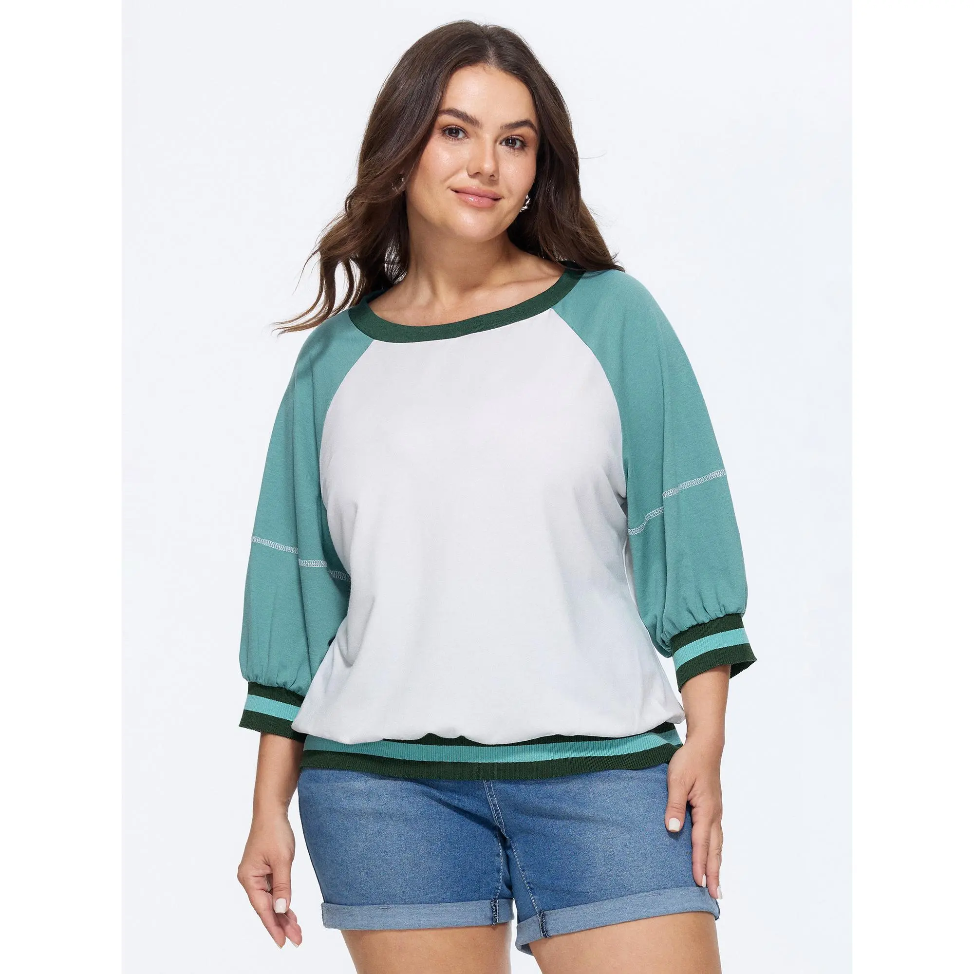 BloomChic Plus Size Colorblock Sweatshirt, Casual Pullover Top with 3/4 Raglan Sleeves in a Polyester Rayon Blend, Polyester Blend, Sweatshirt Top, Solid Block, Regular Length, Cold Wash, Cotton, Machine Washable