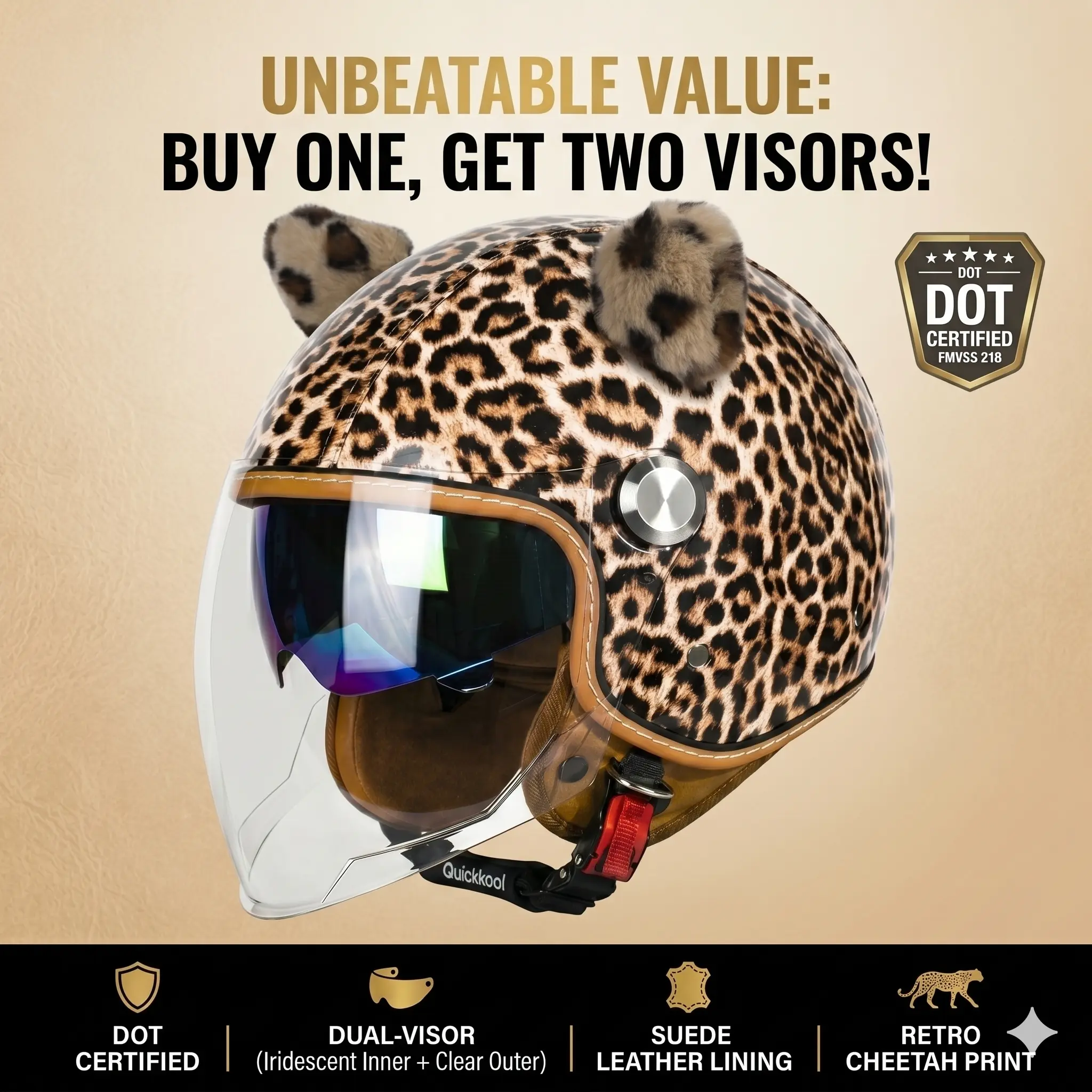 QUICKOOL DOT Approved Leopard Print 3/4 Open Face Motorcycle Riding Helmet - Retro Scooter Cruiser Bikers Half Hard Shell Helmet with Inner Sun Visor & 2 Outer Visors, Bikers Helmet