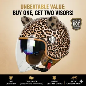 QUICKOOL DOT Approved Leopard Print 3/4 Open Face Motorcycle Helmet - Retro Scooter Cruiser Helmet with Inner Sun Visor and 2 Outer Visors