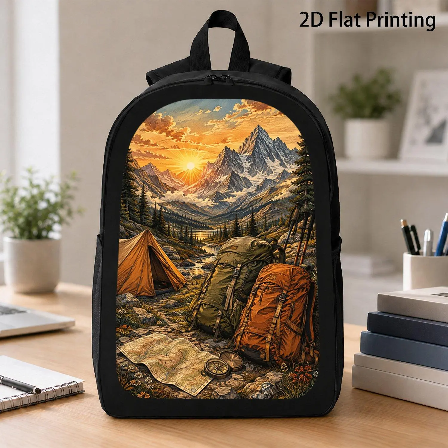 [17 Inch Backpack] 1pc Sunrise Mountain Valley Hiking Backpack Vintage Wilderness Tent Gear Backpack Outdoor Nature Adventure Backpack For Travel Camping Activities