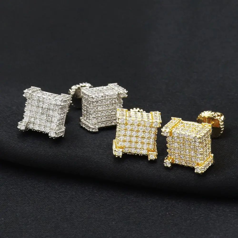 Unisex Square Artificial Zirconia Stud Earrings - Hip-Hop Geometric Shining Jewelry Accessories for Adults