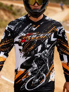 Motorcycle Off-Road Long Sleeve Shirt, Sporty Style, Sporty Design, Random Print Pattern, All Seasons Wear, Fitted Fit, Moderate Fabric Thickness, Biker T Shirt