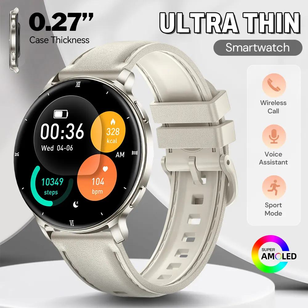 Ultra-Thin Smart Watch, Fashionable Minimalist Design, Unisex, 1. 32" HD AMOLED Screen, Make Calls, Message Reminders, Music Control, Remote Shutter, Multiple Sports Modes, Compatible with Iphone/Android Phones
