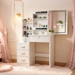 White Small Makeup Vanity Desk Set with 3-Color LED Lights, Sliding Mirror, 3 Shelves, Drawers & Stool - Bedroom Organizer for Small Rooms, Black Friday Sale Vanity Set with Mirror and Stool and Lights